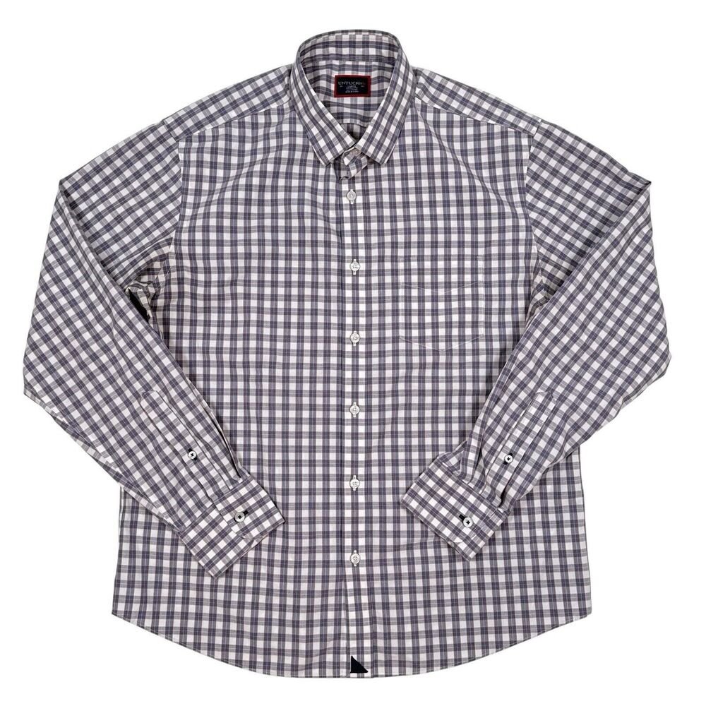UNTUCKit‎ Shirt Size Large Gray Pink Plaid Long Sleeve Button Up Stretch Career